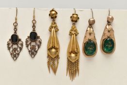 TWO PAIRS OF LATE VICTORIAN/ EARLY 20TH CENTURY DROP EARRINGS AND ANOTHER PAIR, the first a pair