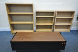 A WALNUT EFFECT TV STAND, with double fall front doors, width 120cm, and three beech open