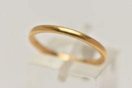 A 22CT GOLD BAND RING, a polished band, approximate width 1.5mm, hallmarked 22ct Birmingham, ring
