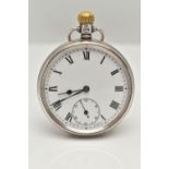 A SILVER OPEN FACE POCKET WATCH, manual wind, round white dial, Roman numerals, blue steel hands,