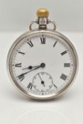 A SILVER OPEN FACE POCKET WATCH, manual wind, round white dial, Roman numerals, blue steel hands,