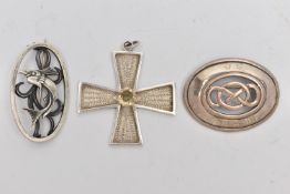 TWO SILVER BROOCHES AND A PENDANT,, the first of an open work oval form displaying a fish,