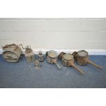 A SELECTION OF DISTRESSED METALWARE, to include three carriage lamps, two ships lanterns, along with