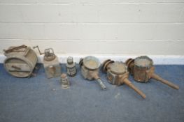 A SELECTION OF DISTRESSED METALWARE, to include three carriage lamps, two ships lanterns, along with