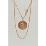A 9CT GOLD ST.CHRISTOPHER PENDANT AND CHAIN, circular St. Christopher pendant hallmarked 9ct
