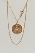 A 9CT GOLD ST.CHRISTOPHER PENDANT AND CHAIN, circular St. Christopher pendant hallmarked 9ct