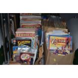 FIVE BOXES OF VINTAGE COMICS, MAGAZINES & ANNUALS, several hundred titles to include Fantastic, It's