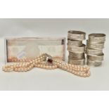 A .999 FINE SILVER ONE HUNDRED DOLLAR BANK NOTE, SILVER NAPKIN RINGS AND A IMITATION PEARL NECKLACE,