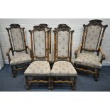 A SET OF EIGHT LATE 19TH/EARLY 20TH CENTURY OAK HIGH BACK CHAIRS, with scrolled and carved mask