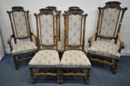 A SET OF EIGHT LATE 19TH/EARLY 20TH CENTURY OAK HIGH BACK CHAIRS, with scrolled and carved mask