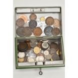 A SMALL CASHBOX CONTAINING VARIOUS WORLD COINS, to include Elizabeth I holed Shilling, a William III