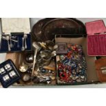 A BOX OF WHITE METAL WARE AND OTHER ITEMS, to include an oval tray, tankards, butter dish, silver