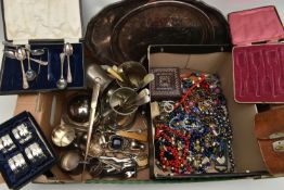 A BOX OF WHITE METAL WARE AND OTHER ITEMS, to include an oval tray, tankards, butter dish, silver