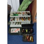 A GROUP OF FISHING RODS AND FISHING TACKLE, comprising a Shakespeare tackle box, a quantity of