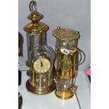 A BRASS TYPE 6 M & Q MINERS LAMP, A LARGE HOUR GLASS IN A BRASS FRAME, height 24cm, a reproduction