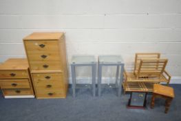 A SELECTION OF OCCASIONAL FURNITURE, to include three pine effect chest of three drawers, two