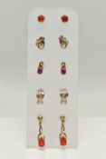 FIVE PAIRS OF GEM SET EARRINGS, to include a pair of 9ct yellow and white gold diamond set cross
