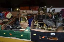 THREE BOXES OF METALWARE AND SUNDRIES, to include a mahogany writing box, oak sewing box, a Japanned