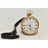 AN EARLY 20TH CENTURY, 18CT GOLD OPEN FACE POCKET WATCH, manual wind, round white dial signed '