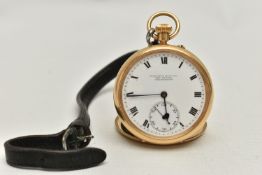AN EARLY 20TH CENTURY, 18CT GOLD OPEN FACE POCKET WATCH, manual wind, round white dial signed '