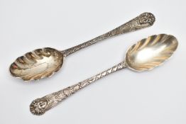 A PAIR OF GEORGE III IRISH SILVER FRUIT SPOONS, worn silver gilt fluted bowls, the handles later