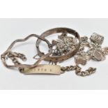 AN ASSORTMENT OF SILVER BRACELETS, two hinged bangles, an AF identification tag bracelet, and an