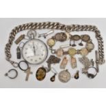 A BAG OF ASSORTED SILVER AND WHITE METAL ITEMS, to include a heavy graduated curb link Albert