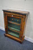 A VICTORIAN WALNUT AND MARQUETRY INLAID SINGLE PIER CABINET, with brass mounts, on turned feet,