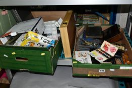 TWO BOXES OF ARTISTS MATERIALS AND A LARGE WOODEN DRAWING BOARD, to include technical drawing