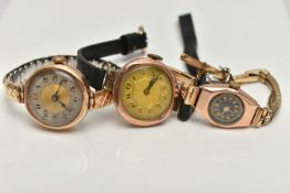 THREE LADYS GOLD WRISTWATCHES, to include an early 20th century, manual wind watch, hallmarked 9ct