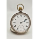 AN OPEN FACE POCKET WATCH, manual wind, round white dial, Roman numerals, subsidiary seconds dial at
