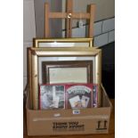 A BOX FRAMED PICTURES, TABLE TOP EASEL, ETC, including an unused Windsor & Newton Winton Oil
