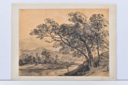 AN UNSIGNED 18TH CENTURY LANDCAPE STUDY, trees stand on the nearside bank of a river with a castle