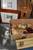 TWO BOXES OF MISCELLANEOUS SUNDRIES, to include a Wedgwood cranberry mottled glass elephant, six
