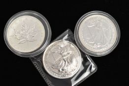 THREE SILVER COINS, to include a Canada 9999 fine silver 1oz Argent Pur, Elizabeth II 5 Dollars