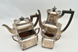 A LATE VICTORIAN WALKER & HALL FOUR PIECE TEA SERVICE OF SHAPED RECTANGULAR FORM, comprising teapot,