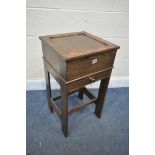 AN OAK SEWING BOX, with a single drawer, width 38cm square x height 70cm (condition report: -surface