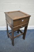 AN OAK SEWING BOX, with a single drawer, width 38cm square x height 70cm (condition report: -surface