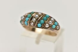 A YELLOW METAL GEM SET RING, slightly domed ring set with alternating rows of split pearls and