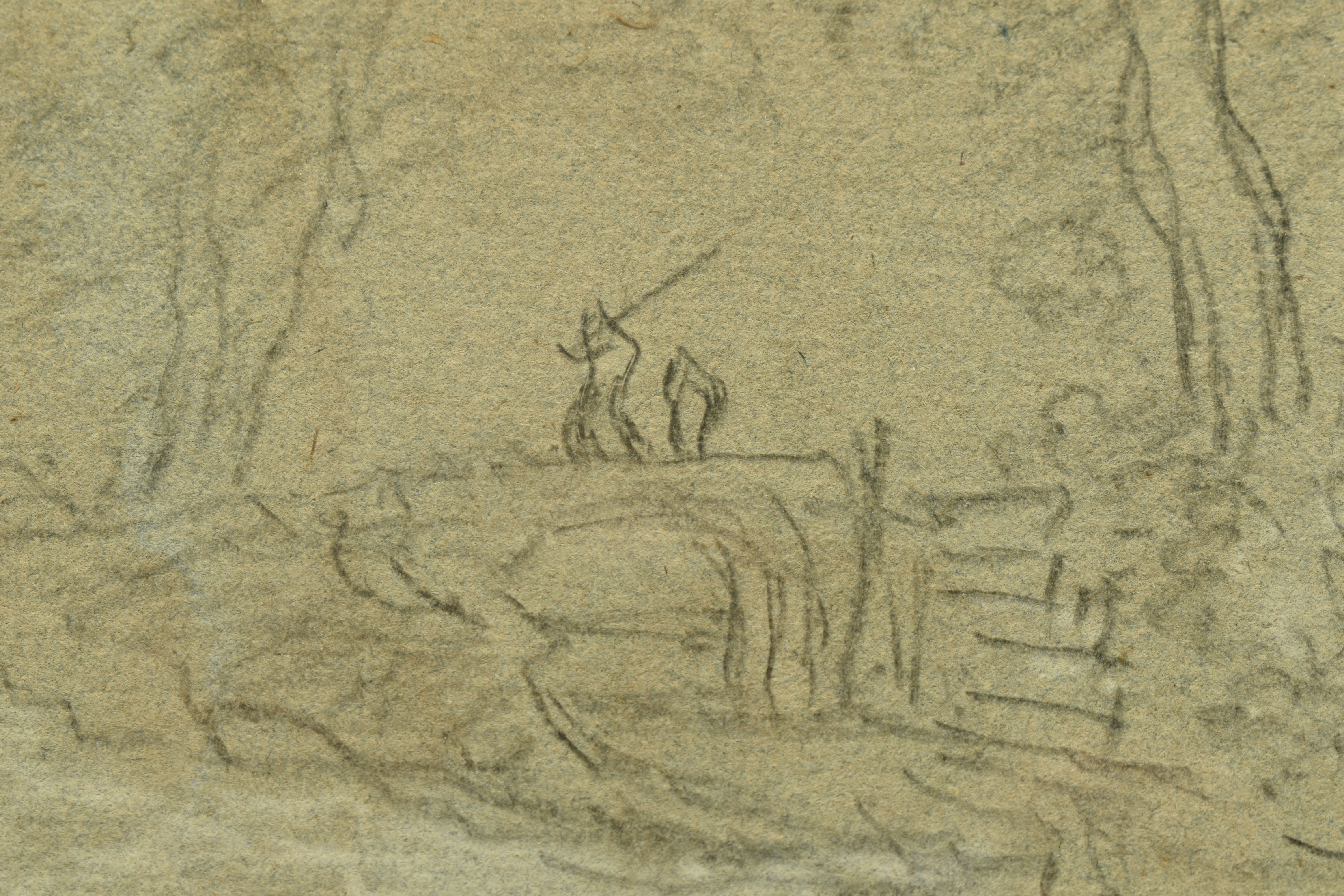AN 18TH CENTURY ENGLISH SCHOOL LANDSCAPE SKETCH, two figures, one possibly an angler are crossing - Image 4 of 6