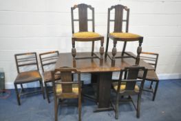 AN OAK GATE LEG TABLE, four 1940's linenfold back chairs, and three other chairs (condition