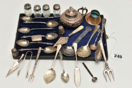 A PARCEL OF SILVER, WHITE METAL AND SILVER PLATE, the silver including a cased set of six apostle