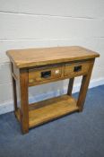 A SOLID OAK SIDE TABLE, with two drawers, with an undershelf, width 85cm x depth 35cm x height