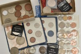 TWO SMALL BOX LIDS OF COINAGE, to include 2x 1953 UK sealed year sets, an 1885 some ware Victoria