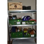 FOUR BOXES AND A WOODEN WINE CRATE OF ASSORTED HOUSEHOLD SUNDRIES AND SEASONAL ITEMS, including