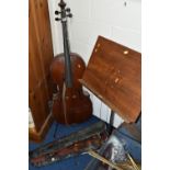 A VINTAGE METAL TRUNK, VIOLIN, CELLO AND A QUANTITY OF MUSIC STANDS, comprising a 19th century