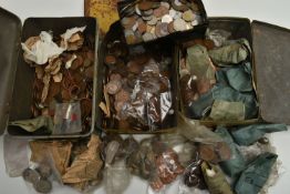 THREE VERY HEAVY TINS OF MIXED COINAGE, to include lots of UK copper coins, a small bag of silver
