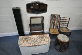 A SELECTION OF OCCASIONAL FURNITURE, to include silvered metal framed bevelled edge wall mirror,