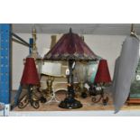 A GROUP OF TABLE LAMPS, comprising a pair of metal candle holders with red beaded shade, a Tiffany