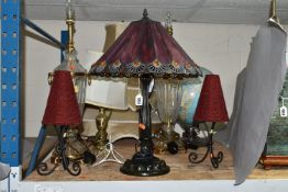 A GROUP OF TABLE LAMPS, comprising a pair of metal candle holders with red beaded shade, a Tiffany